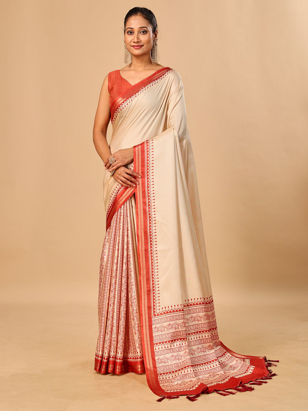 Tavira Tussar Silk Saree – Ivory Red Traditional Border Print