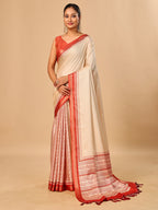 Tavira Tussar Silk Saree – Ivory Red Traditional Border Print