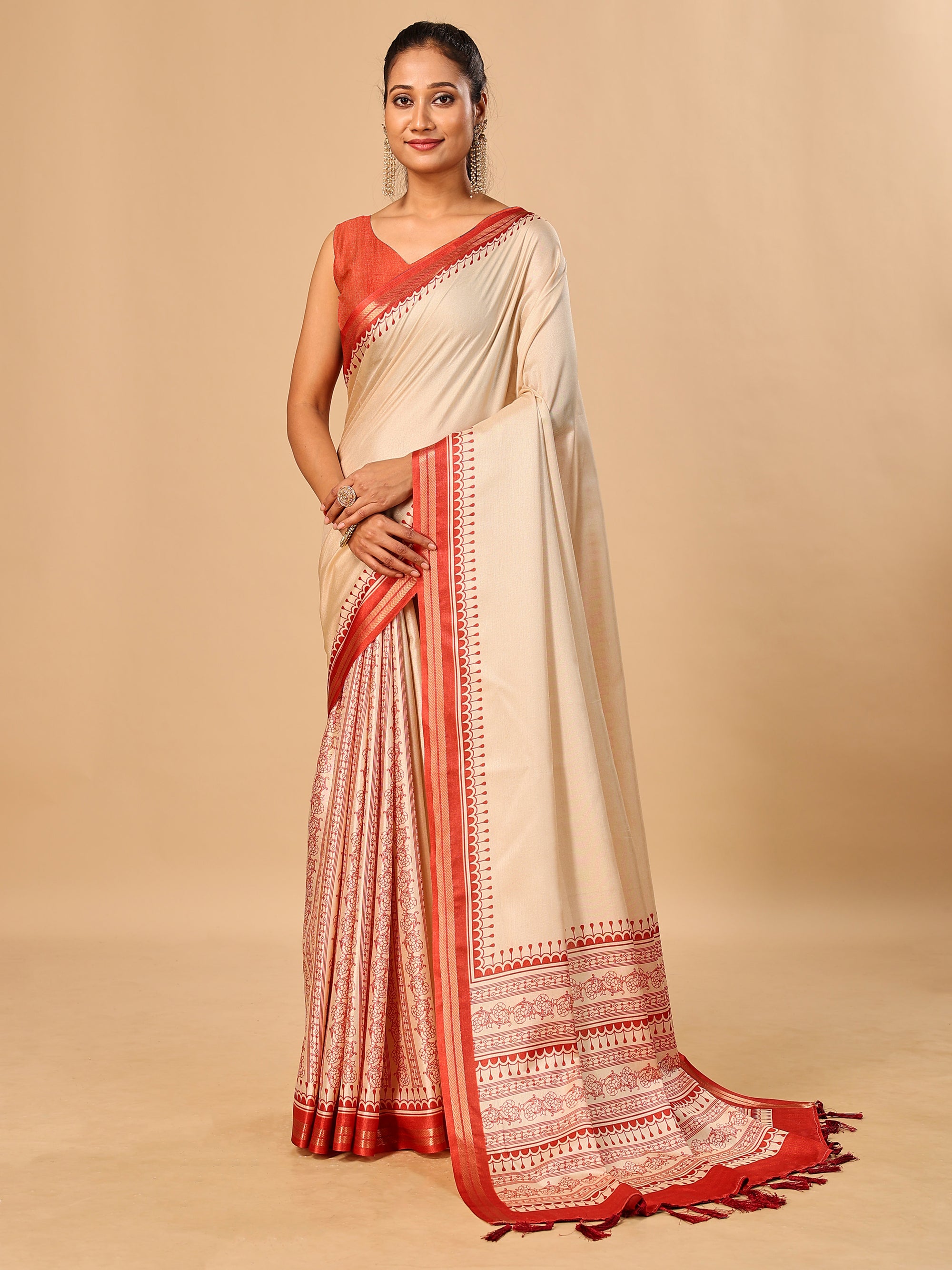 Tavira Tussar Silk Saree – Ivory Red Traditional Border Print