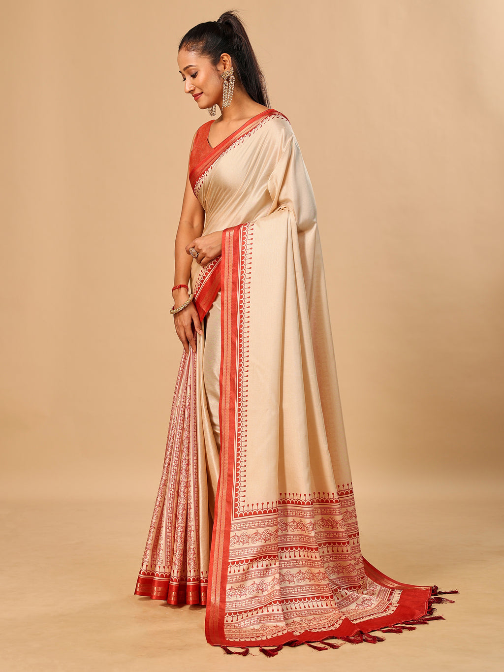 Tavira Tussar Silk Saree – Ivory Red Traditional Border Print