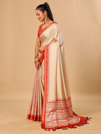 Tavira Tussar Silk Saree – Ivory Red Traditional Border Print