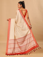 Tavira Tussar Silk Saree – Ivory Red Traditional Border Print