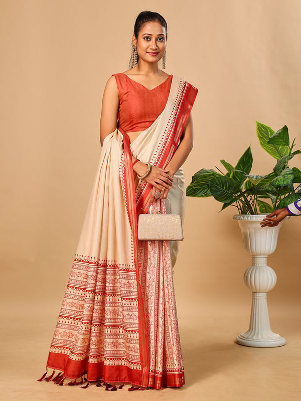Tavira Tussar Silk Saree – Ivory Red Traditional Border Print