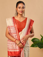 Tavira Tussar Silk Saree – Ivory Red Traditional Border Print