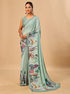 Light Green Butter Crepe Saree with Animal Digital Prints