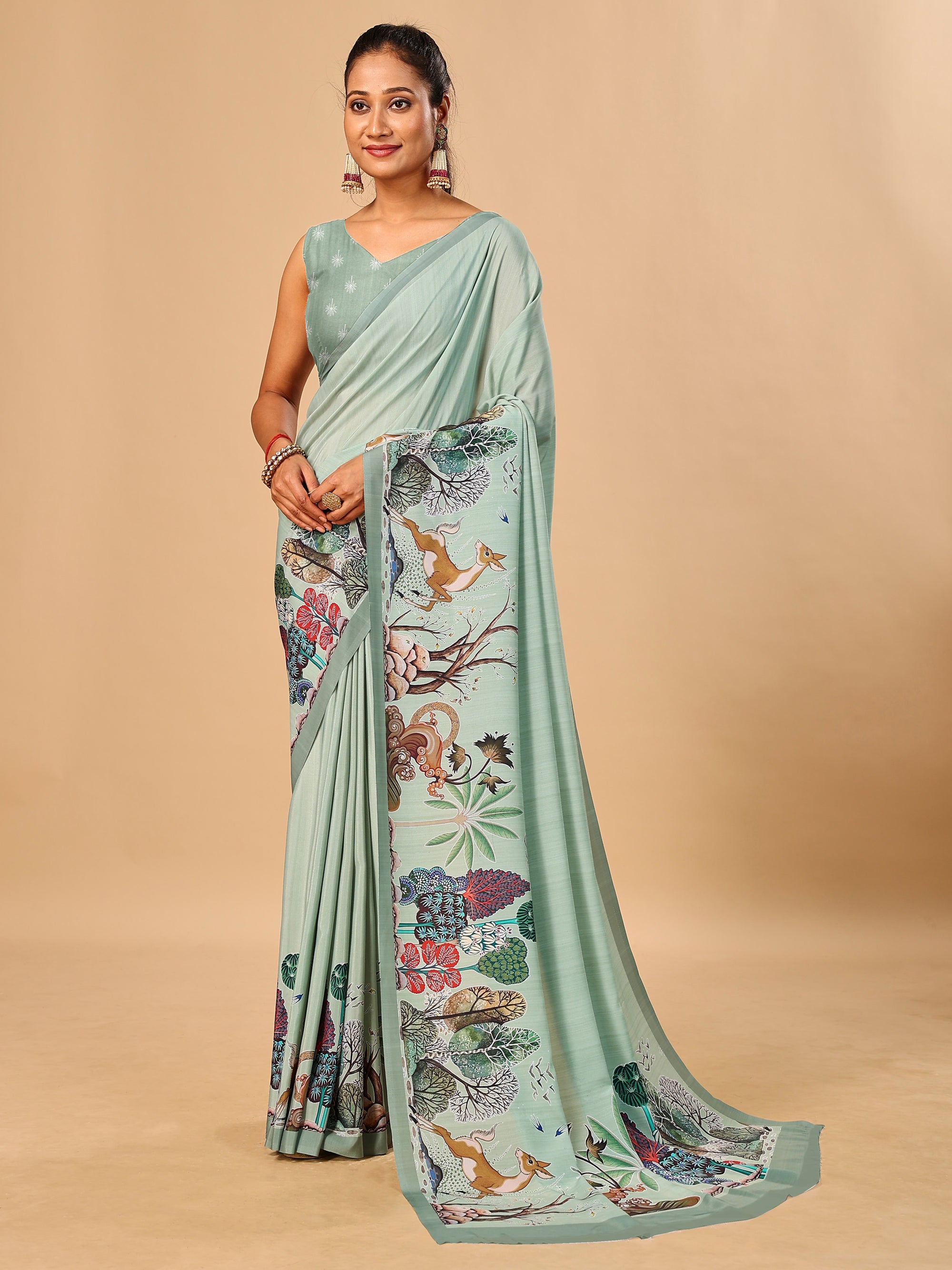 Light Green Butter Crepe Saree with Animal Digital Prints
