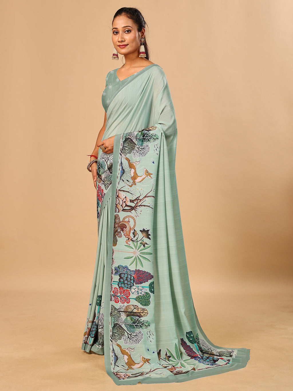 Light Green Butter Crepe Saree with Animal Digital Prints