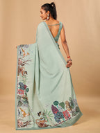 Light Green Butter Crepe Saree with Animal Digital Prints