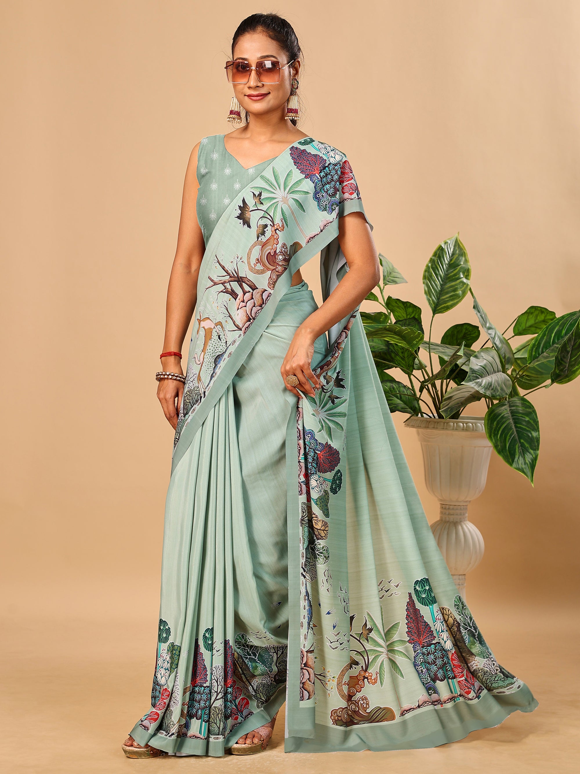 Light Green Butter Crepe Saree with Animal Digital Prints