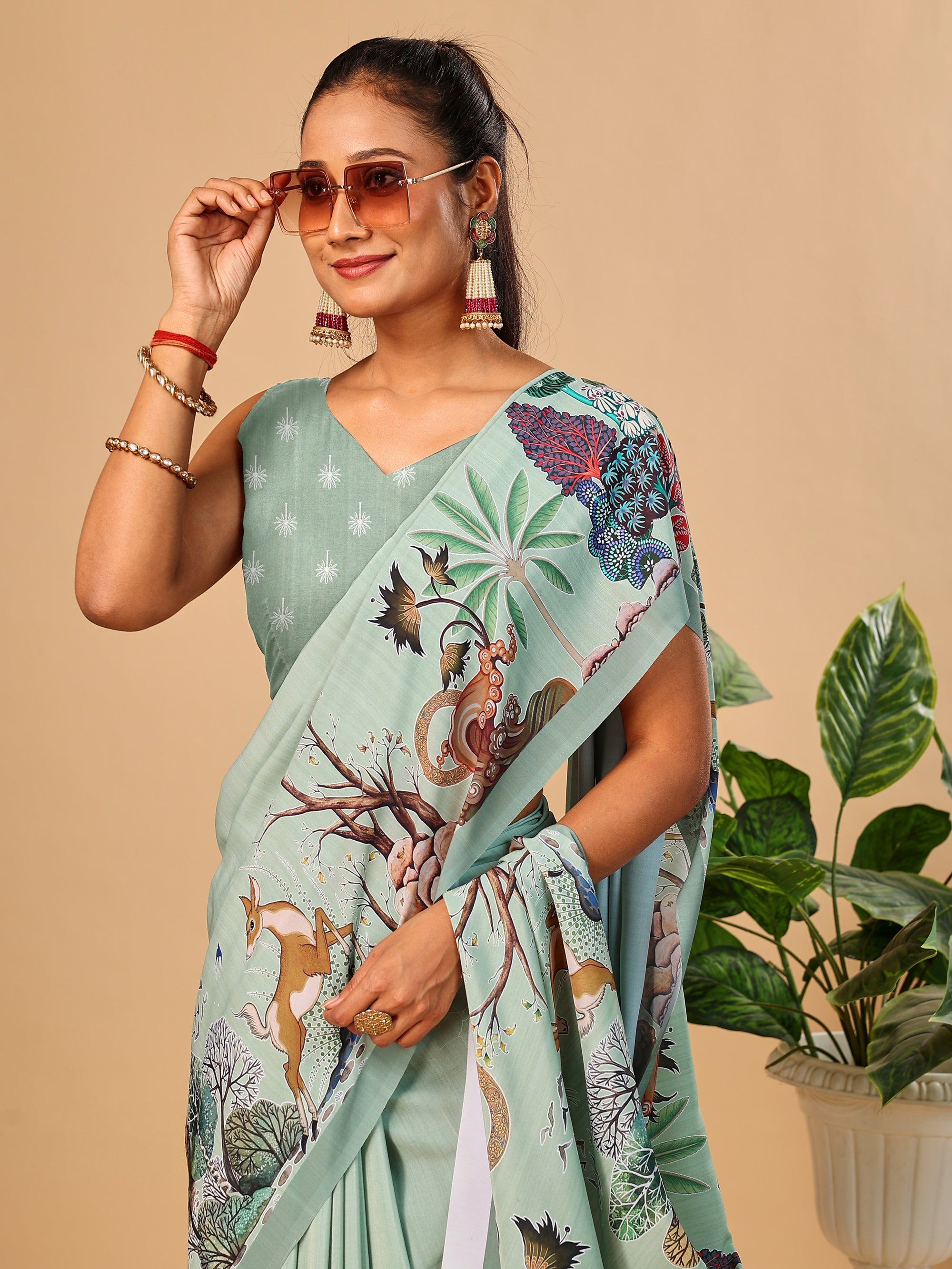 Light Green Butter Crepe Saree with Animal Digital Prints