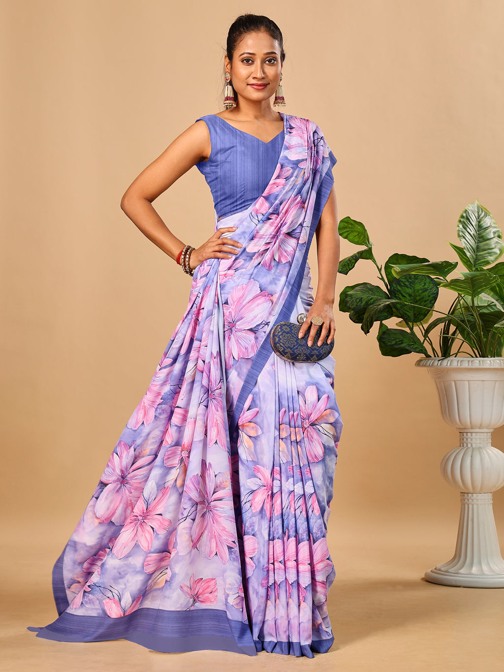 Lilac Butter Crepe Saree with Floral Digital Prints