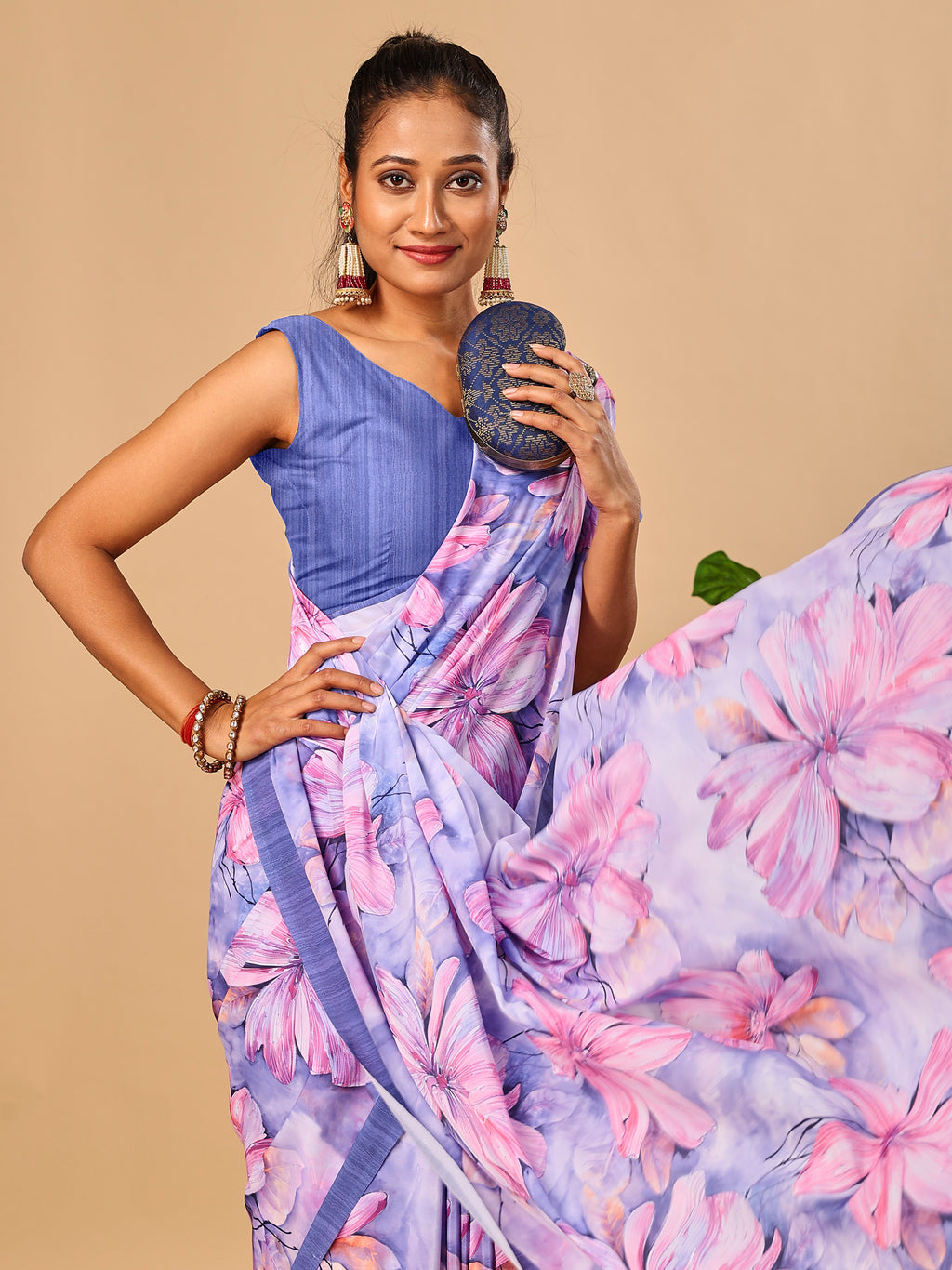 Lilac Butter Crepe Saree with Floral Digital Prints