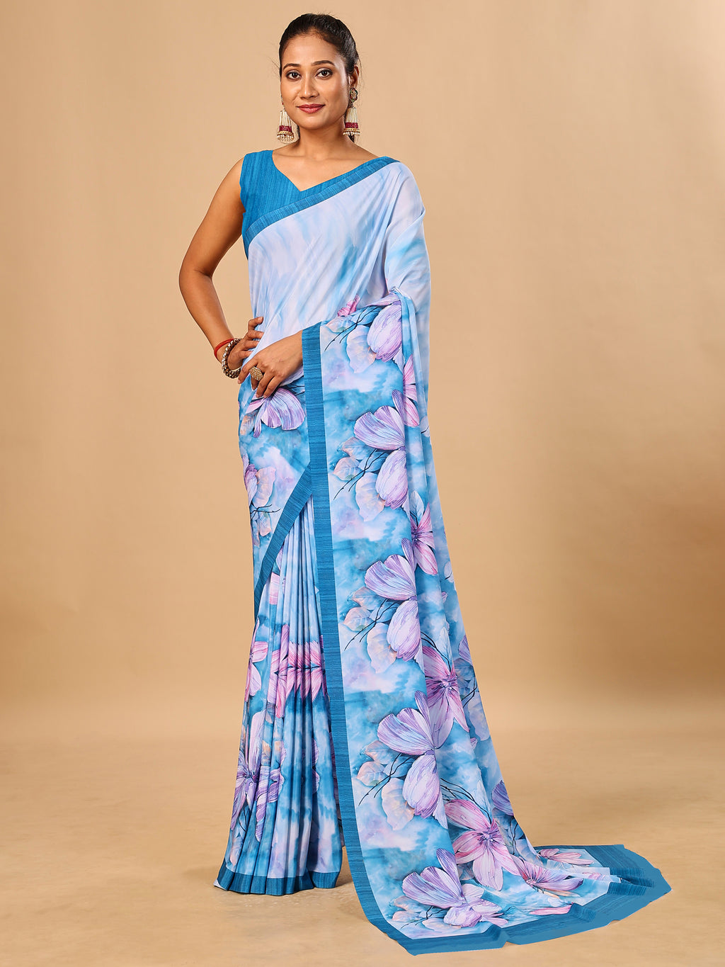 Blue Butter Crepe Saree with Floral Digital Prints