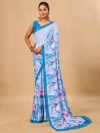 Blue Butter Crepe Saree with Floral Digital Prints