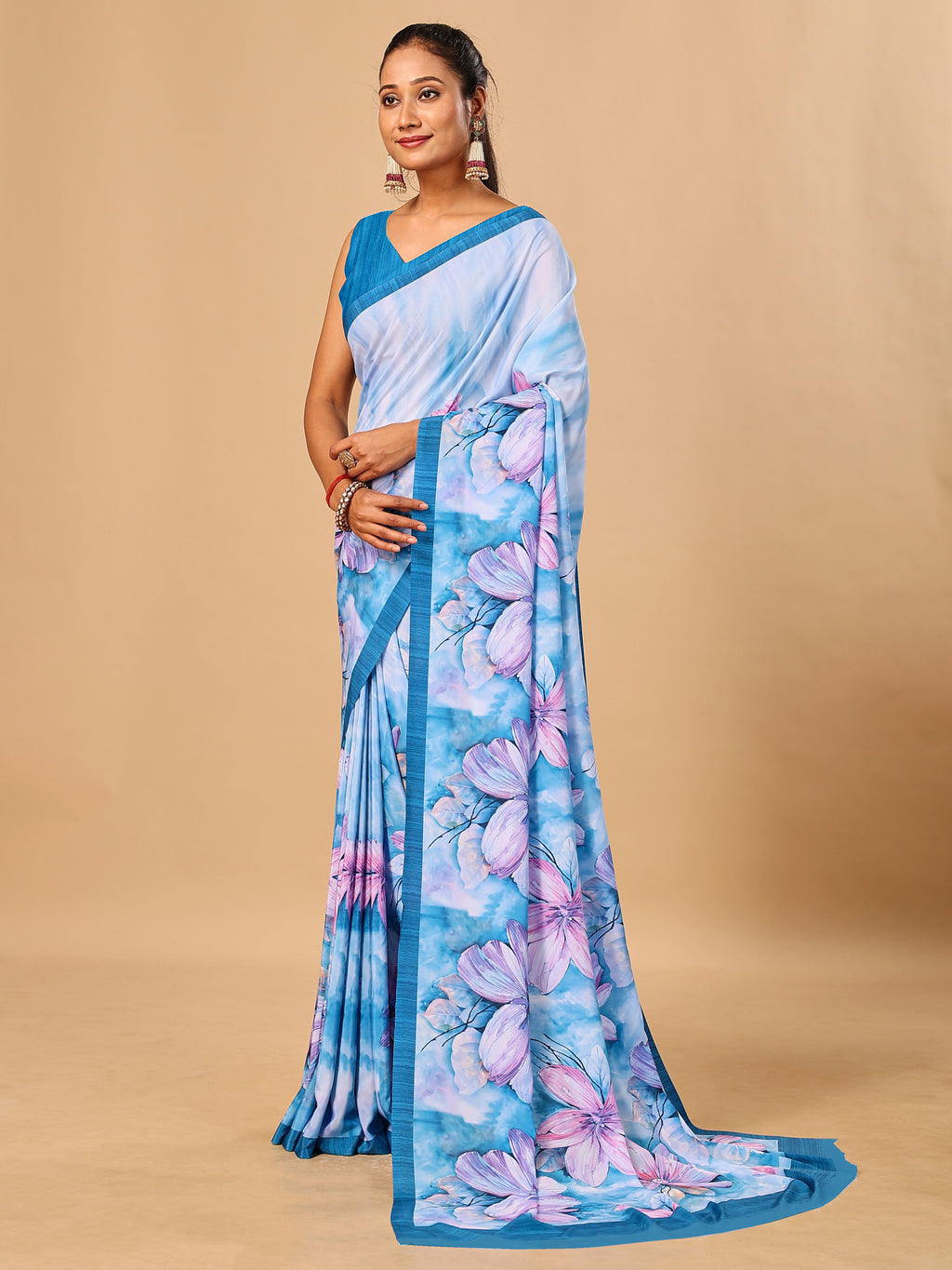 Blue Butter Crepe Saree with Floral Digital Prints