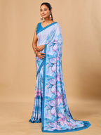 Blue Butter Crepe Saree with Floral Digital Prints