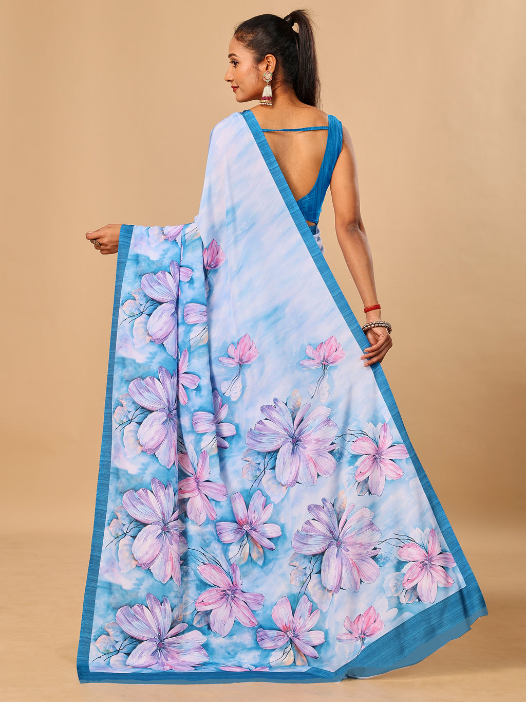 Blue Butter Crepe Saree with Floral Digital Prints
