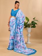 Blue Butter Crepe Saree with Floral Digital Prints