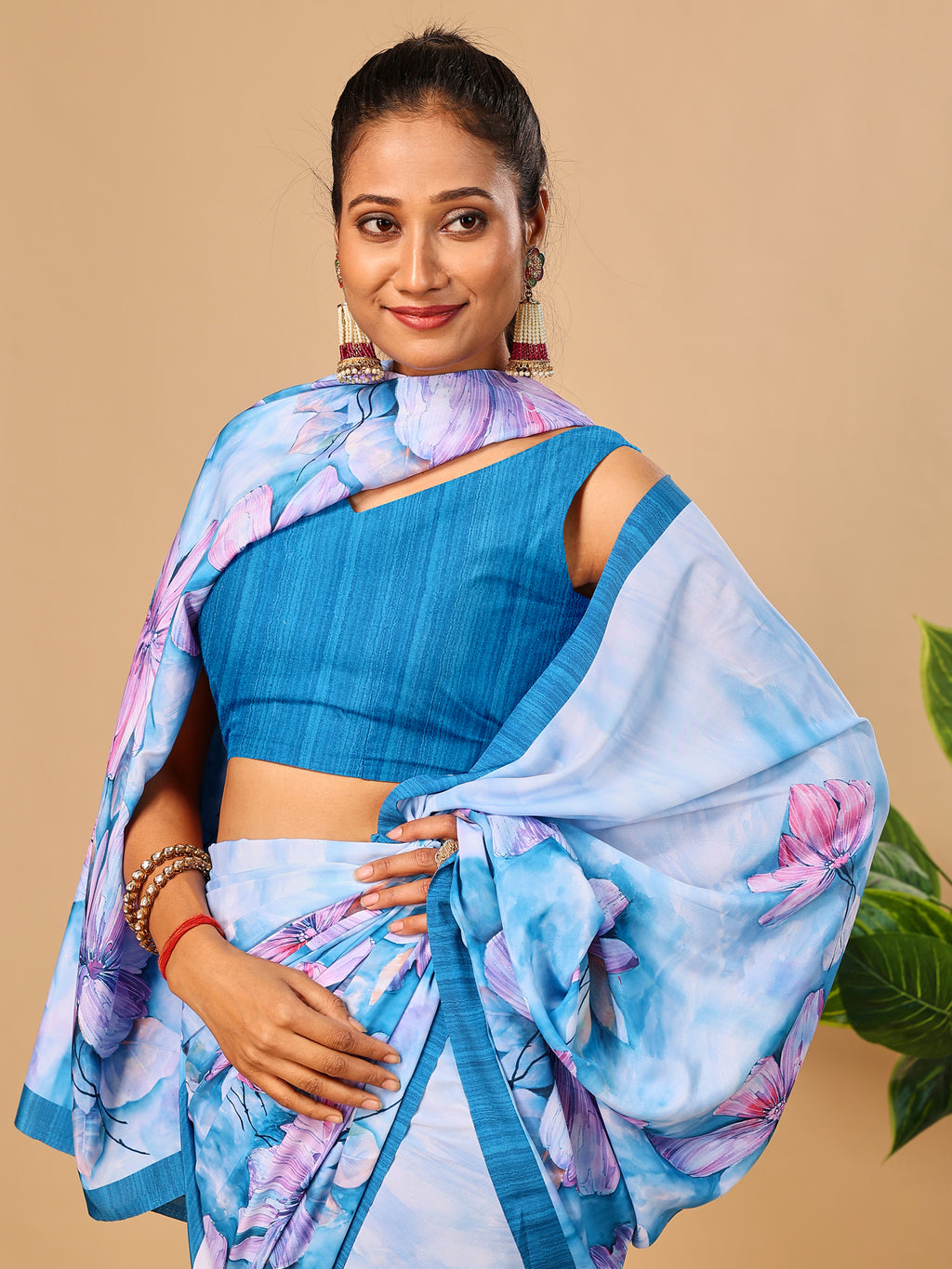 Blue Butter Crepe Saree with Floral Digital Prints