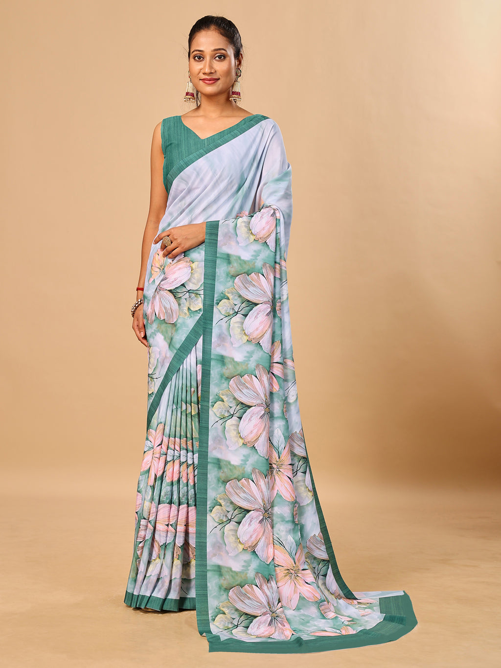 Green Butter Crepe Saree with Floral Digital Prints