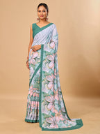 Green Butter Crepe Saree with Floral Digital Prints