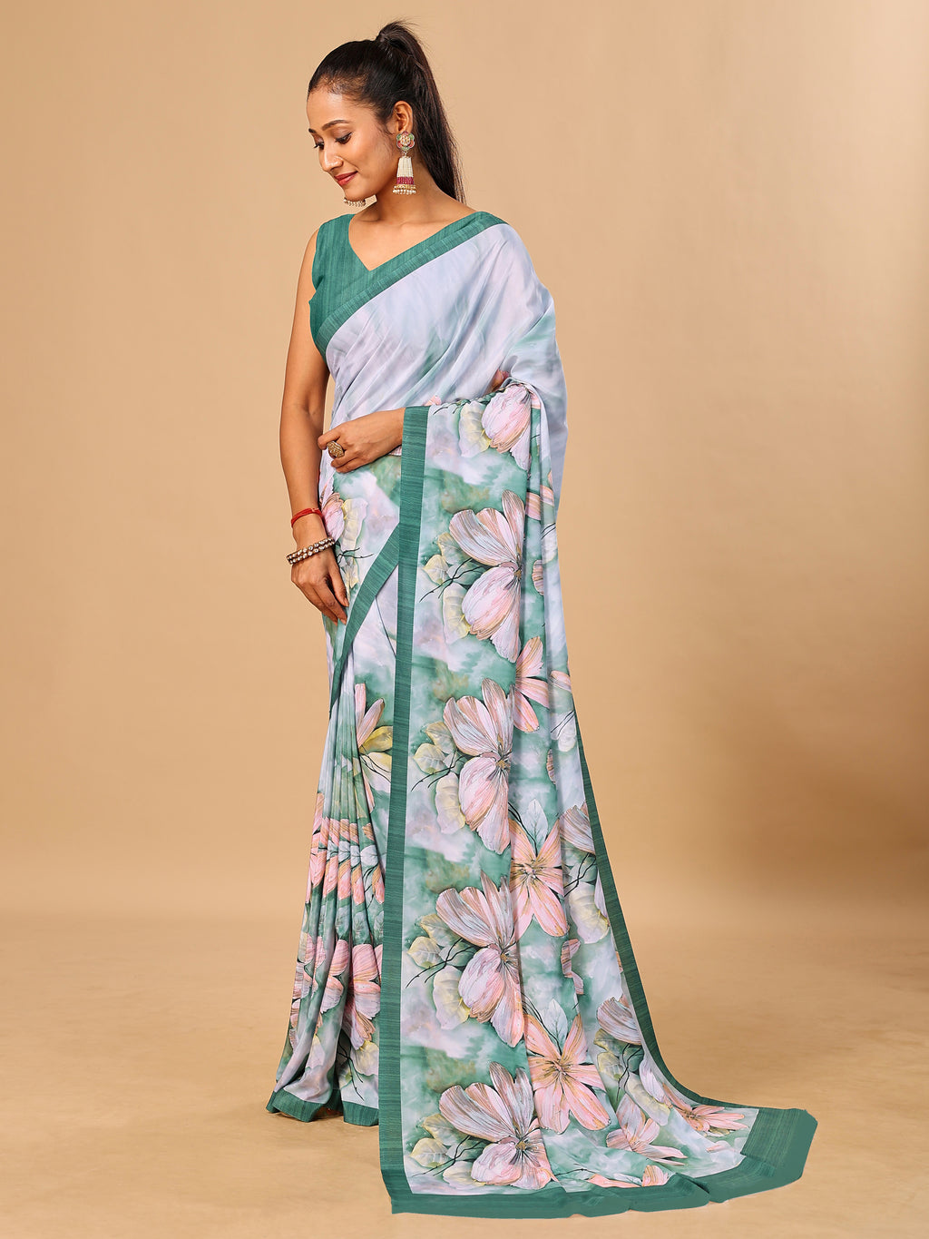 Green Butter Crepe Saree with Floral Digital Prints