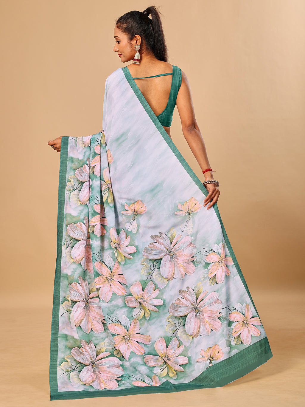 Green Butter Crepe Saree with Floral Digital Prints