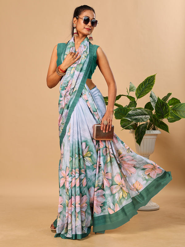 Green Butter Crepe Saree with Floral Digital Prints