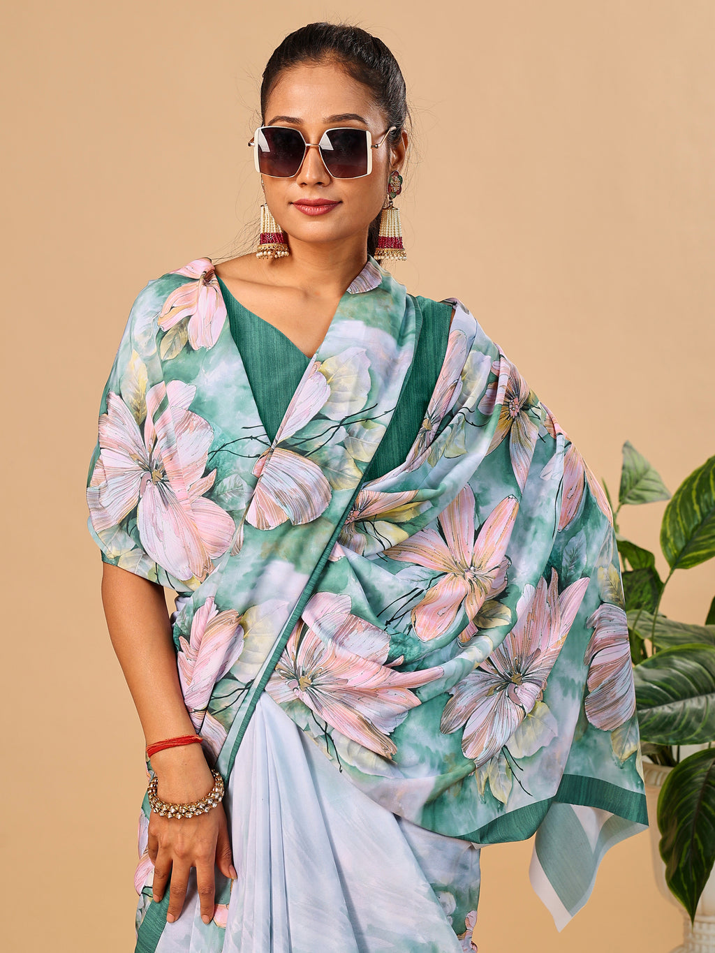 Green Butter Crepe Saree with Floral Digital Prints