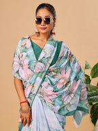 Green Butter Crepe Saree with Floral Digital Prints