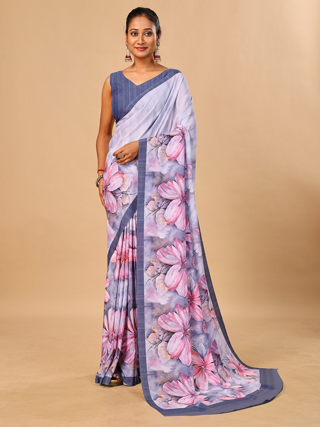 Grey Butter Crepe Saree with Floral Digital Prints