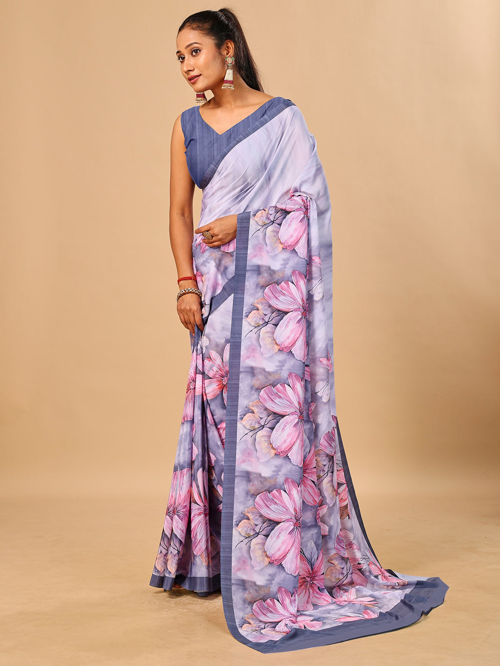 Grey Butter Crepe Saree with Floral Digital Prints