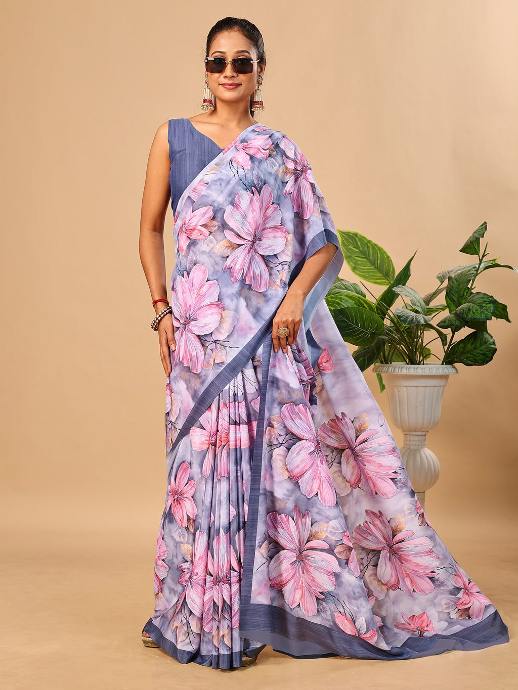 Grey Butter Crepe Saree with Floral Digital Prints