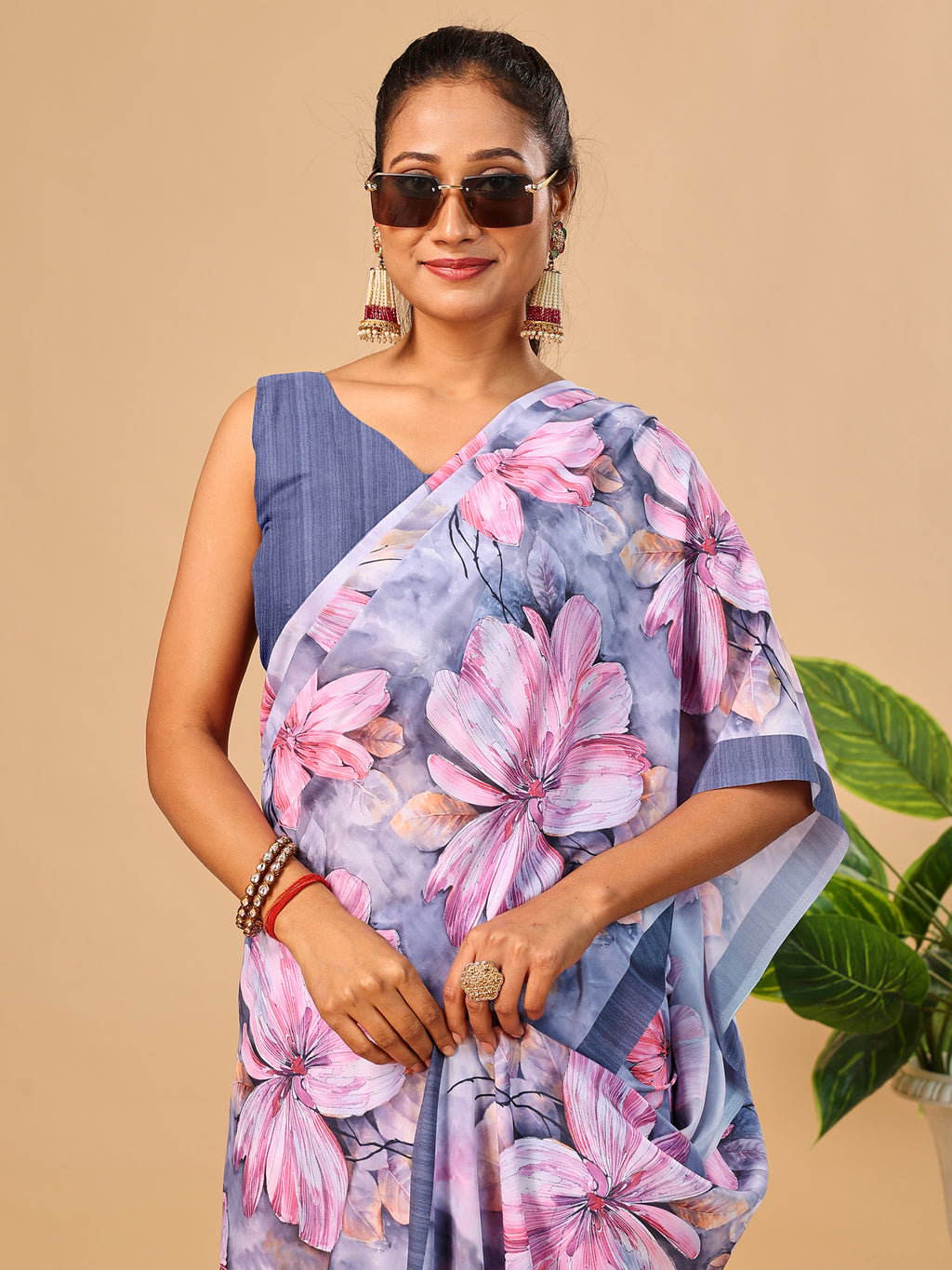 Grey Butter Crepe Saree with Floral Digital Prints