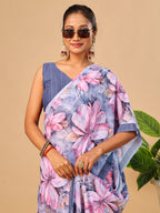 Grey Butter Crepe Saree with Floral Digital Prints