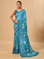 Teal Blue  Butter Crepe Saree with Floral Digital Prints