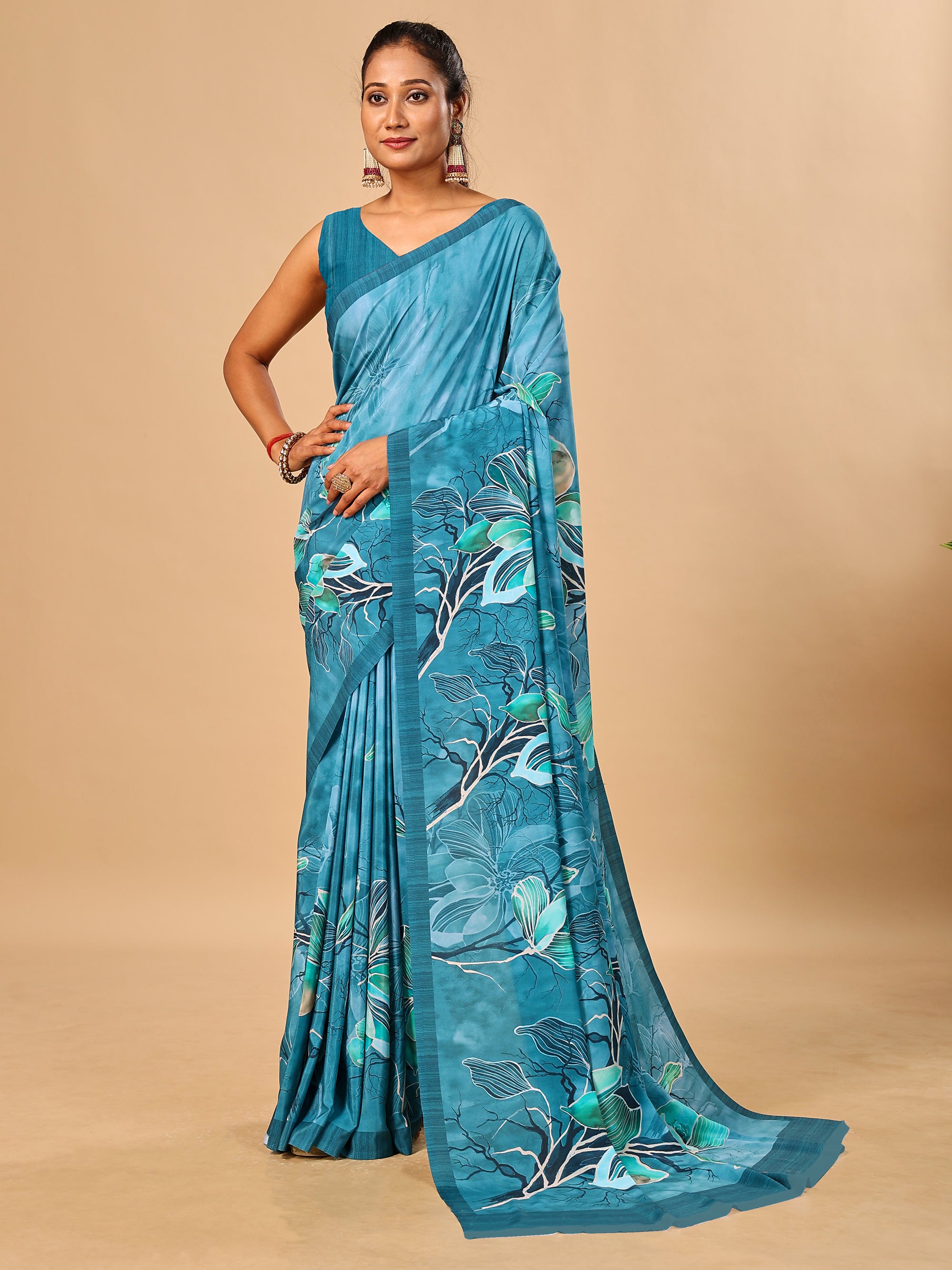 Teal Blue  Butter Crepe Saree with Floral Digital Prints