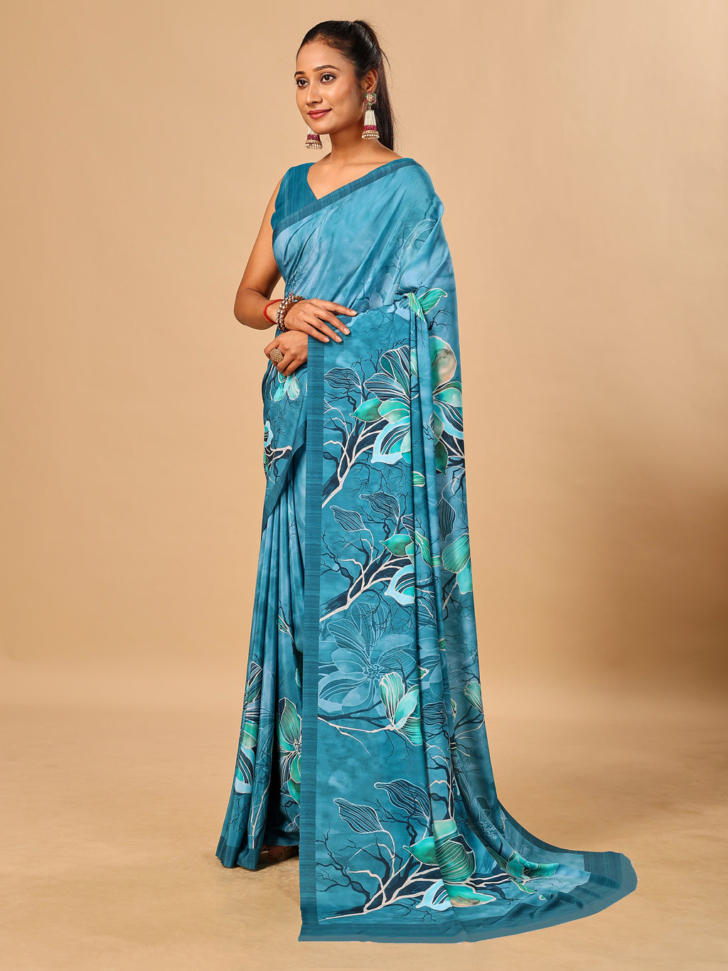 Teal Blue  Butter Crepe Saree with Floral Digital Prints