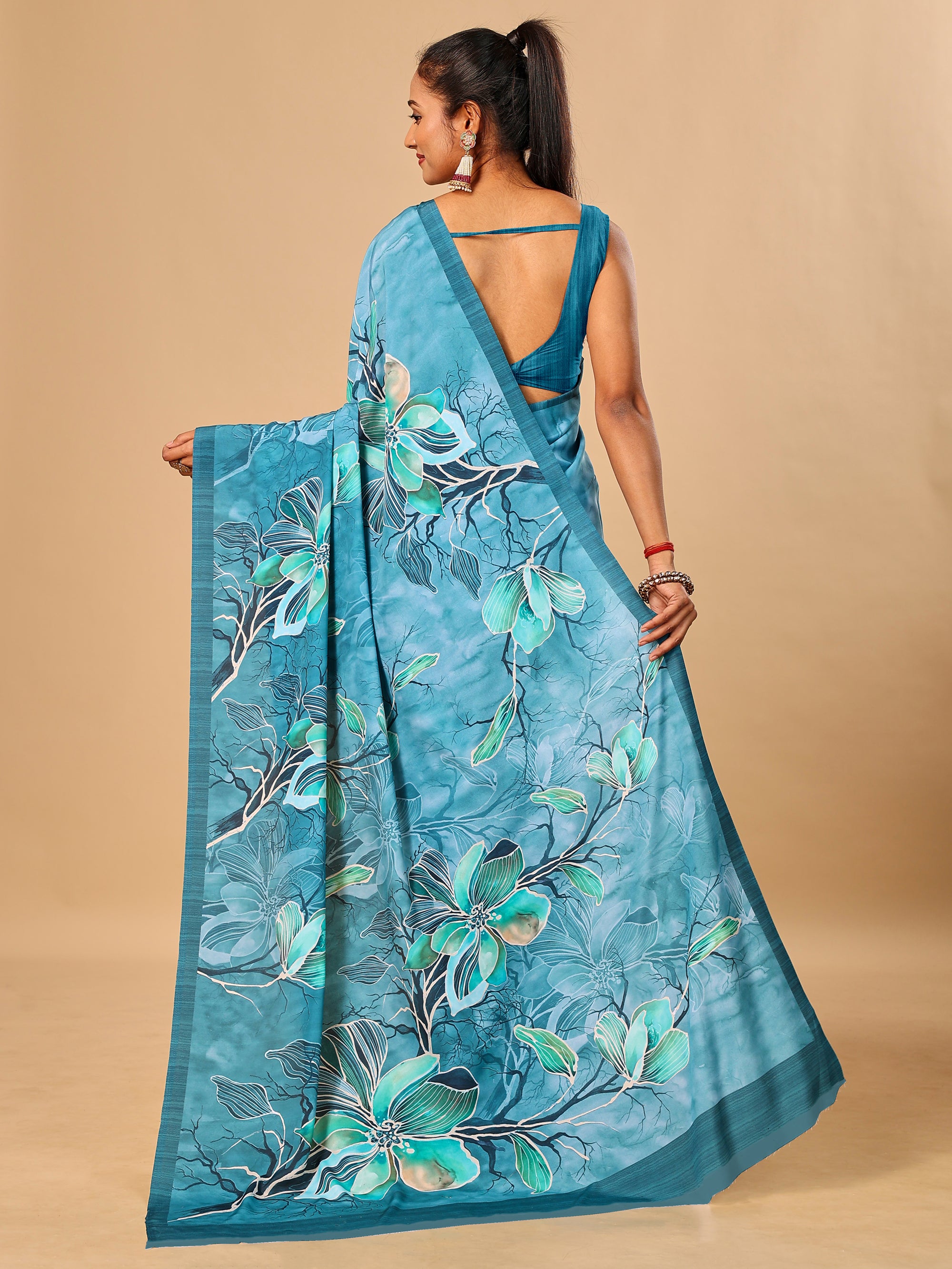 Teal Blue  Butter Crepe Saree with Floral Digital Prints