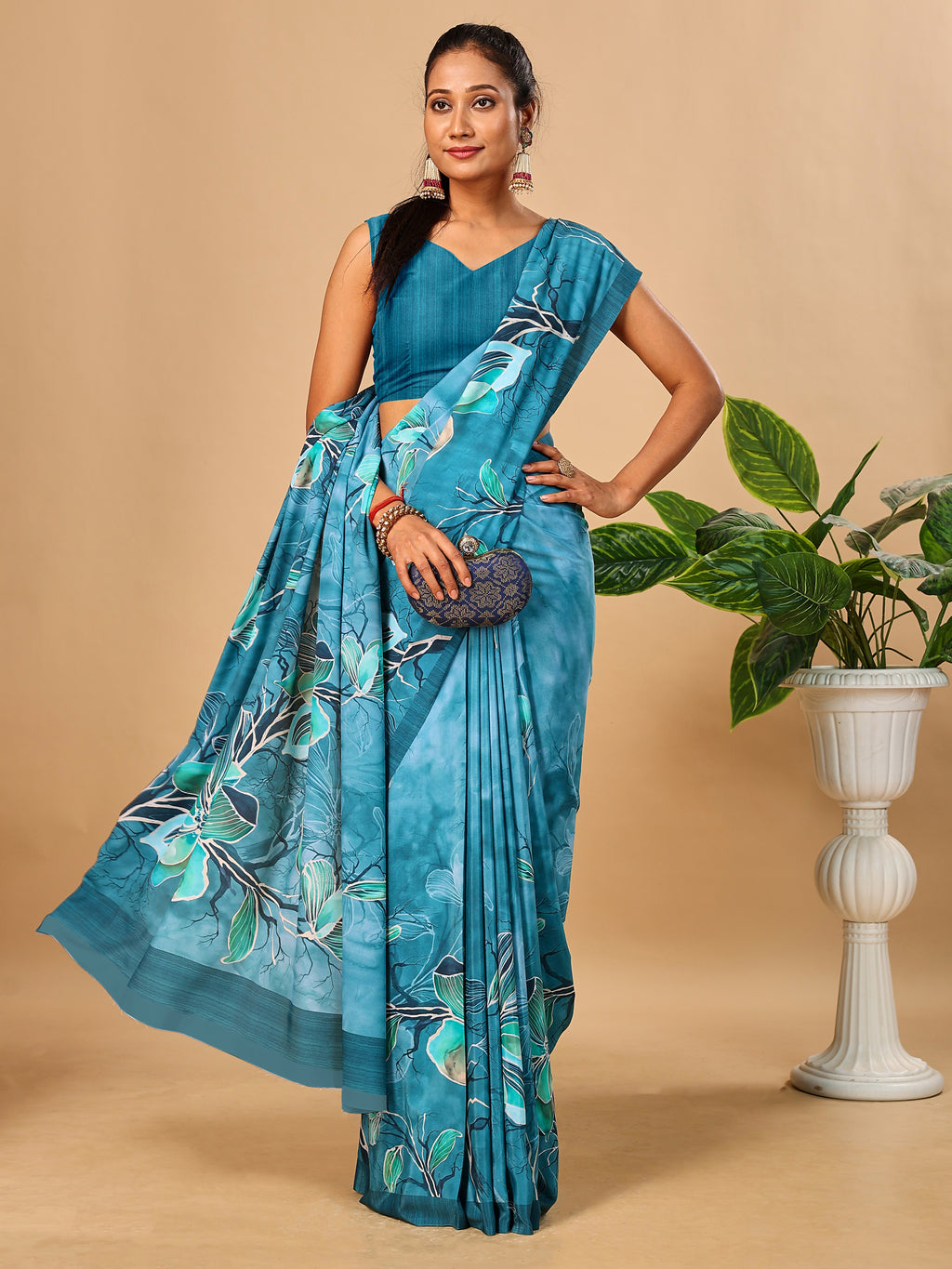 Teal Blue  Butter Crepe Saree with Floral Digital Prints
