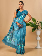 Teal Blue  Butter Crepe Saree with Floral Digital Prints