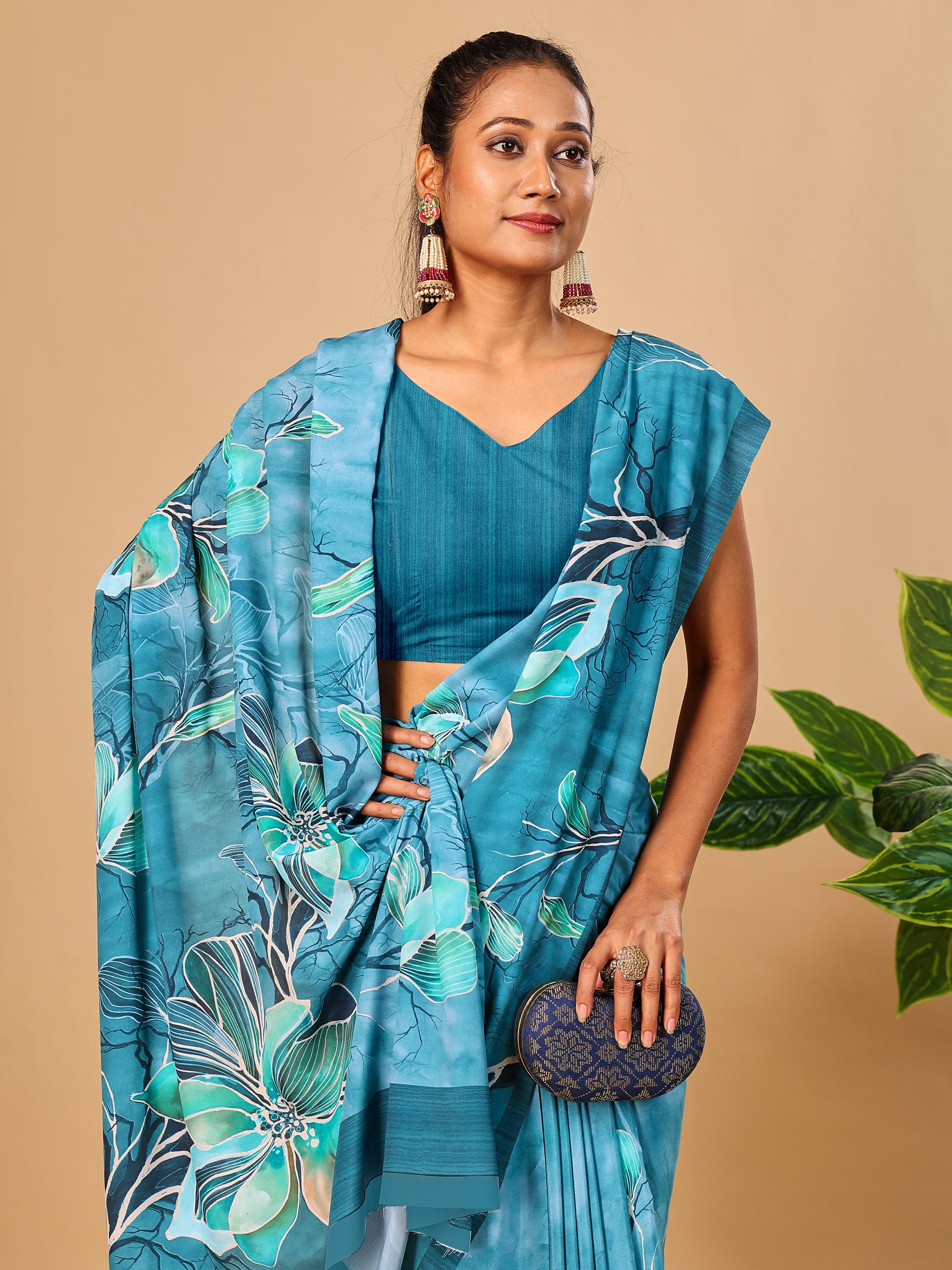 Teal Blue  Butter Crepe Saree with Floral Digital Prints