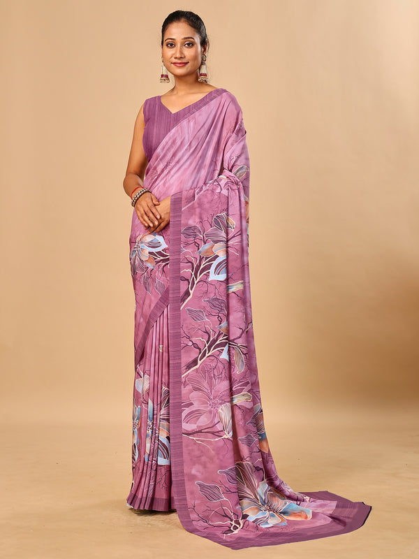 Pink Butter Crepe Saree with Floral Digital Prints