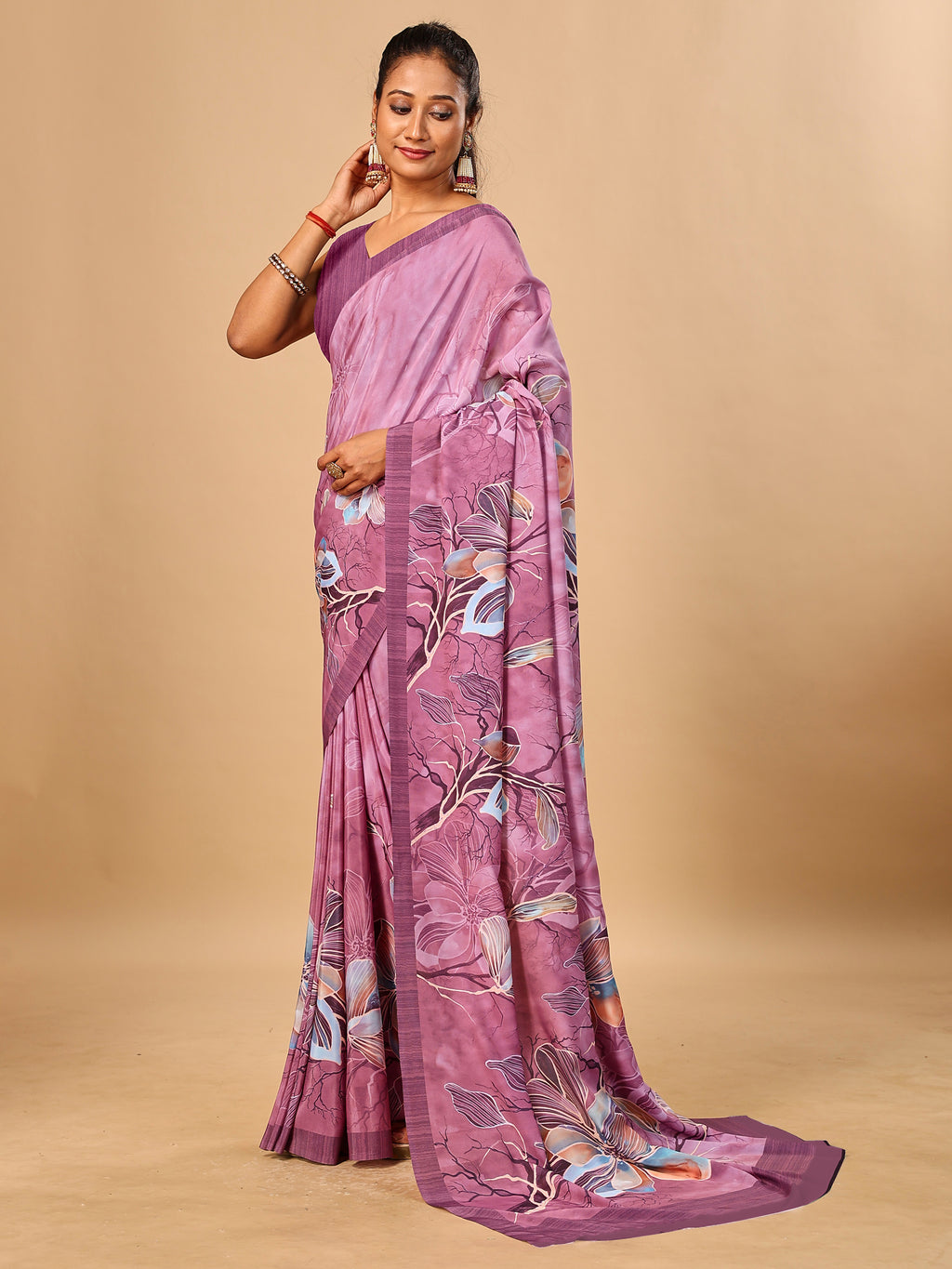 Pink Butter Crepe Saree with Floral Digital Prints