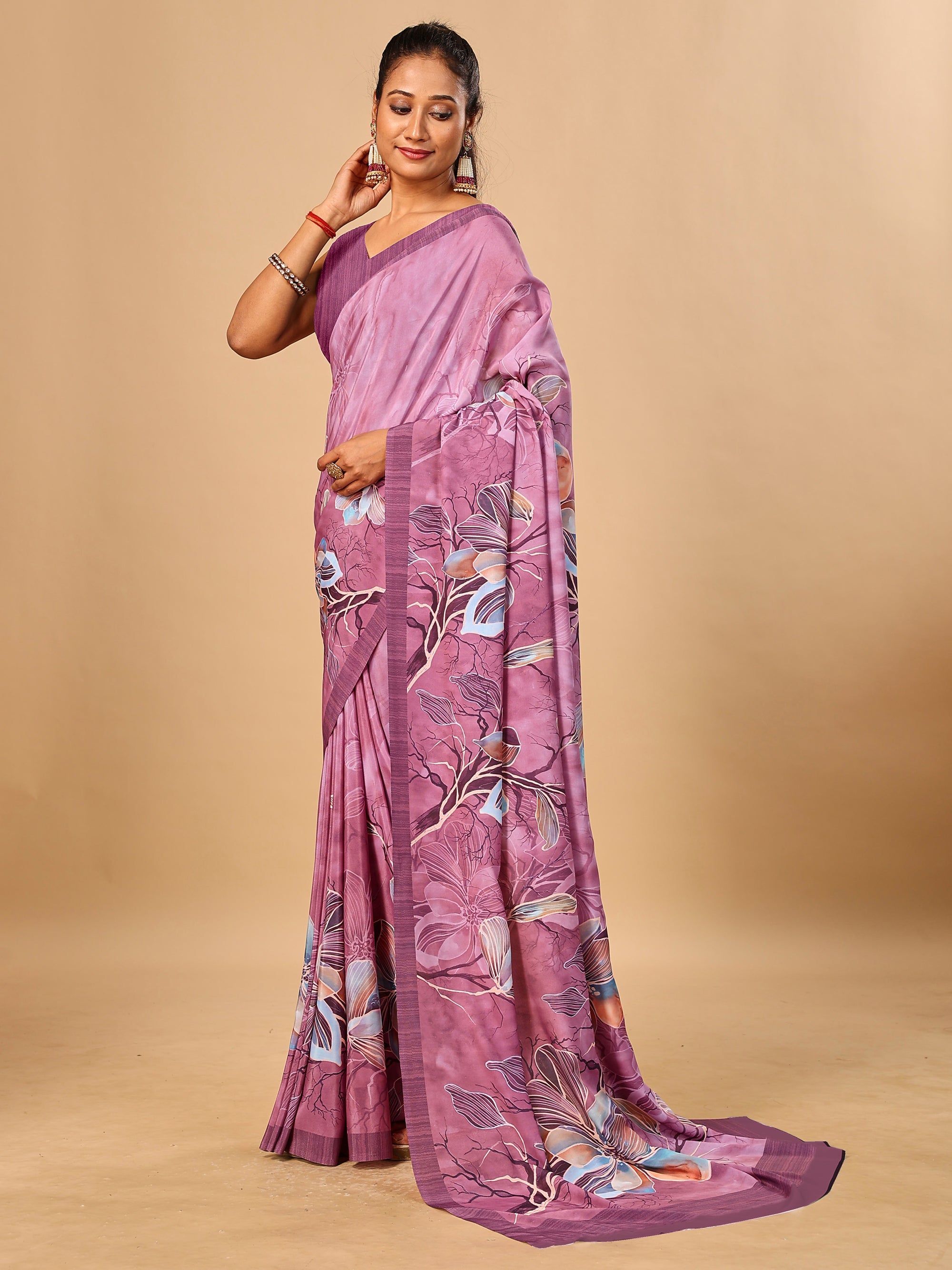 Pink Butter Crepe Saree with Floral Digital Prints