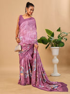 Pink Butter Crepe Saree with Floral Digital Prints