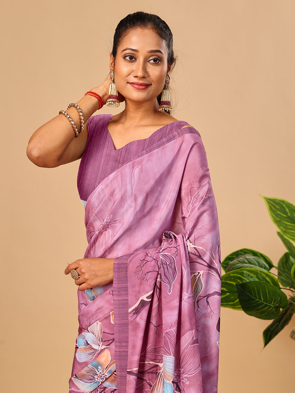 Pink Butter Crepe Saree with Floral Digital Prints