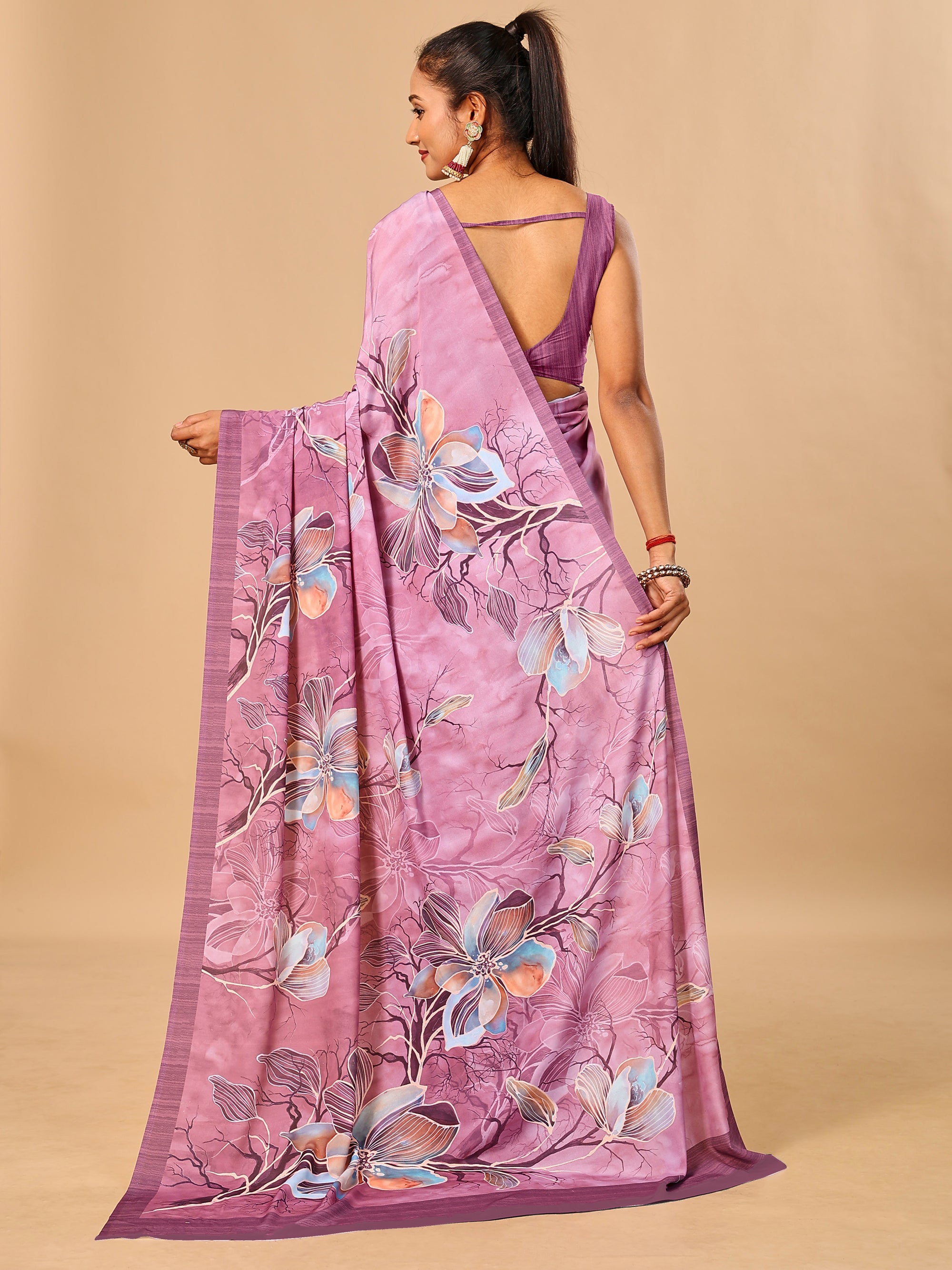 Pink Butter Crepe Saree with Floral Digital Prints