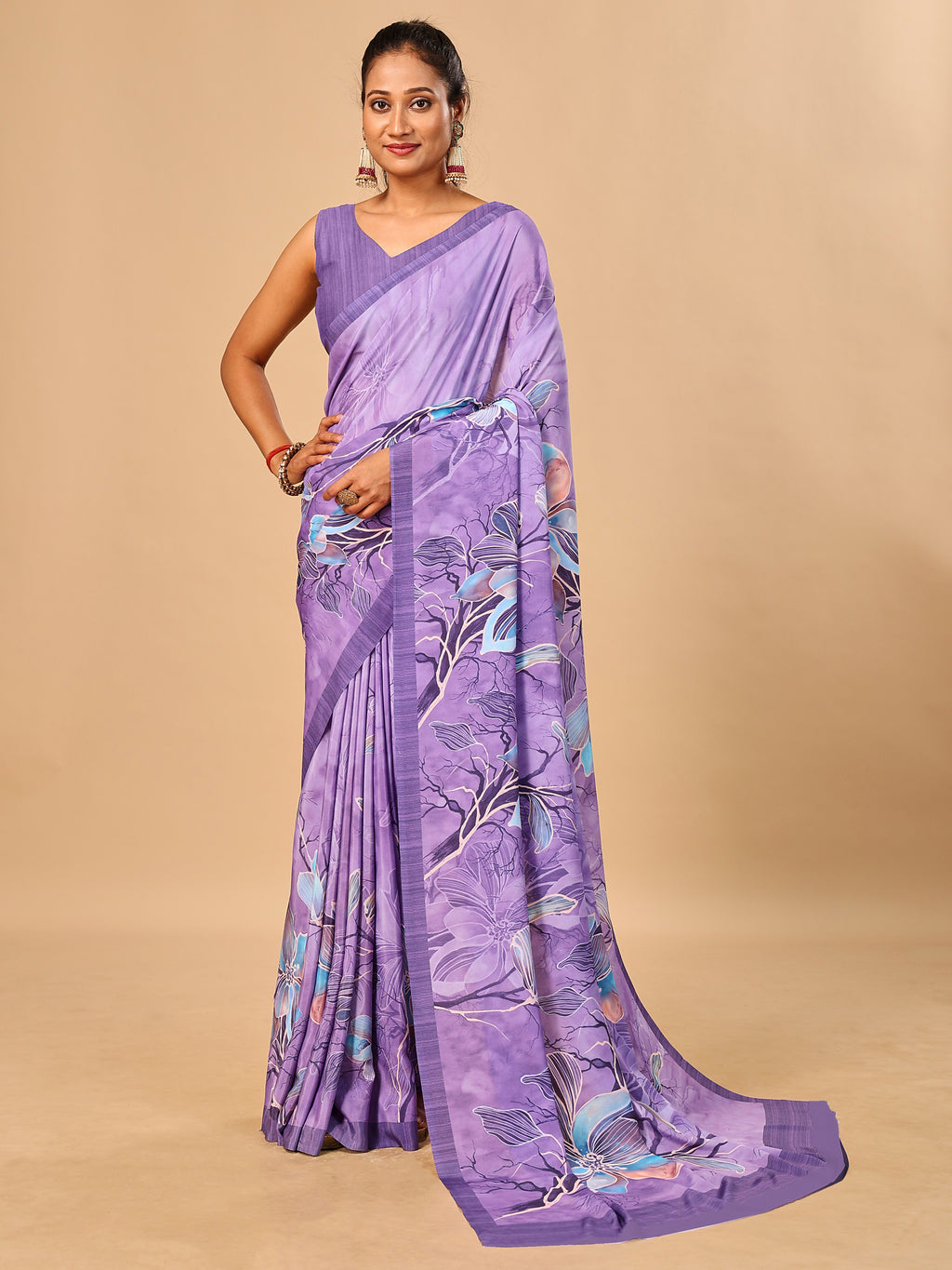 Lilac Butter Crepe Saree with Floral Digital Prints