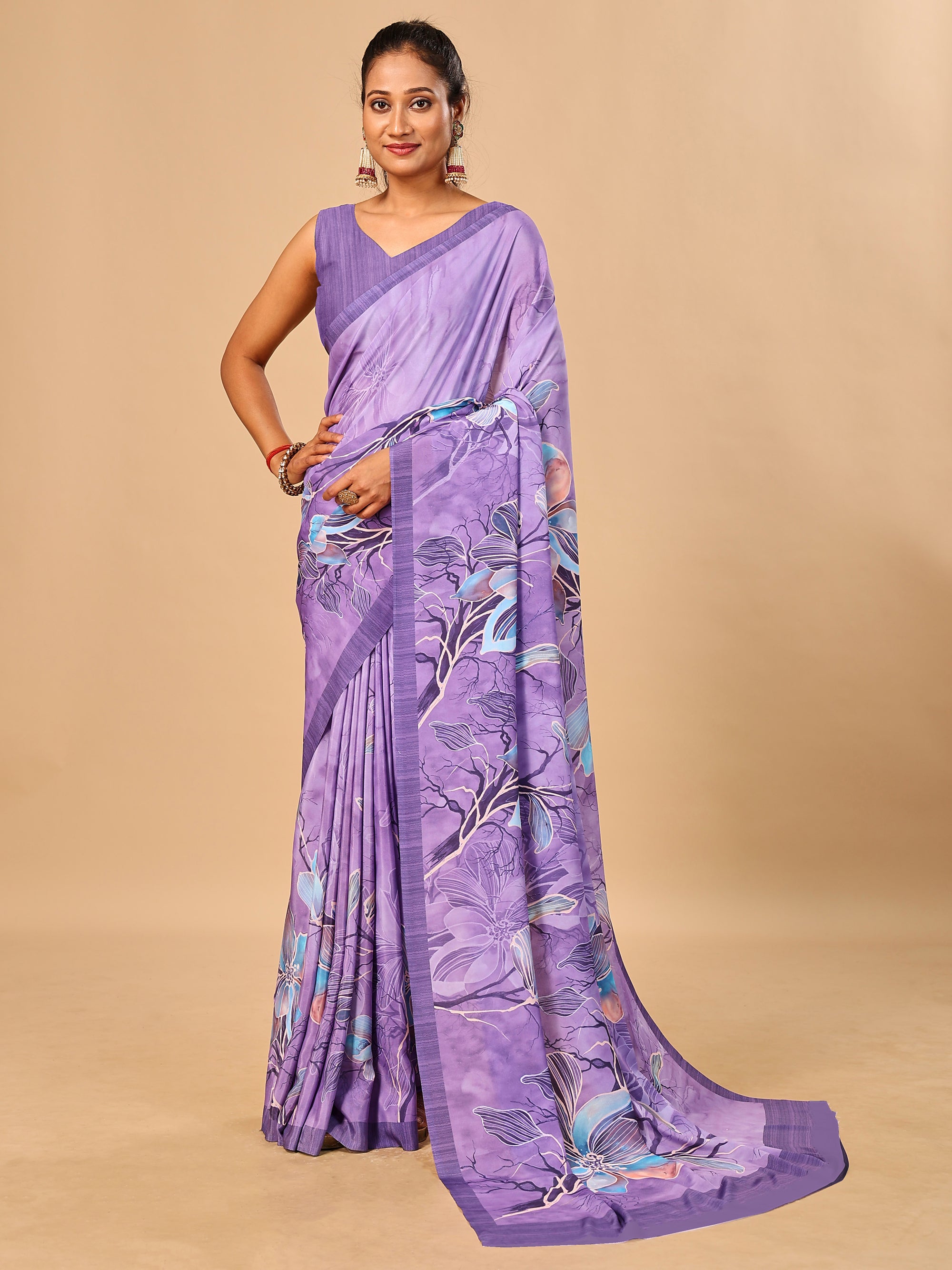 Lilac Butter Crepe Saree with Floral Digital Prints